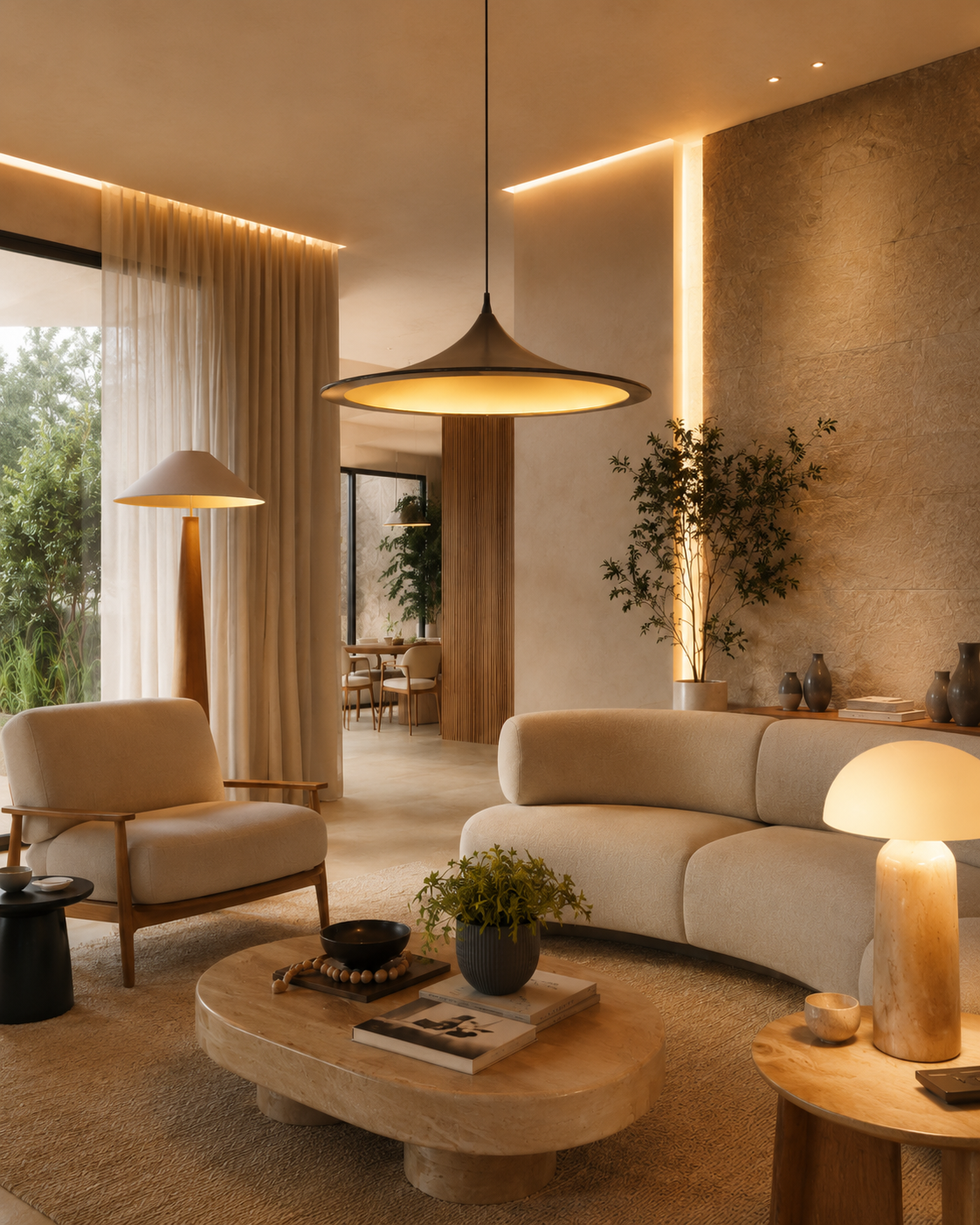 Ambiente brasileiro contemporâneo com luminárias sofisticadas e iluminação acolhedora