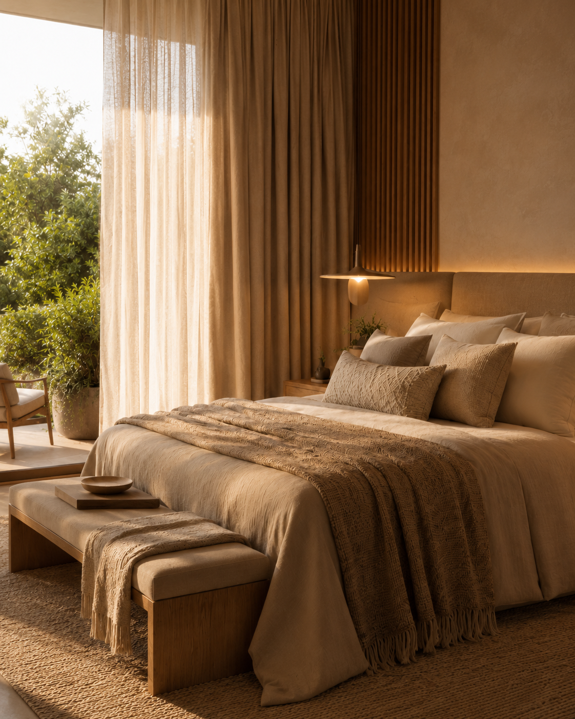 Quarto brasileiro sofisticado com roupa de cama, almofadas, mantas e tecidos em tons neutros