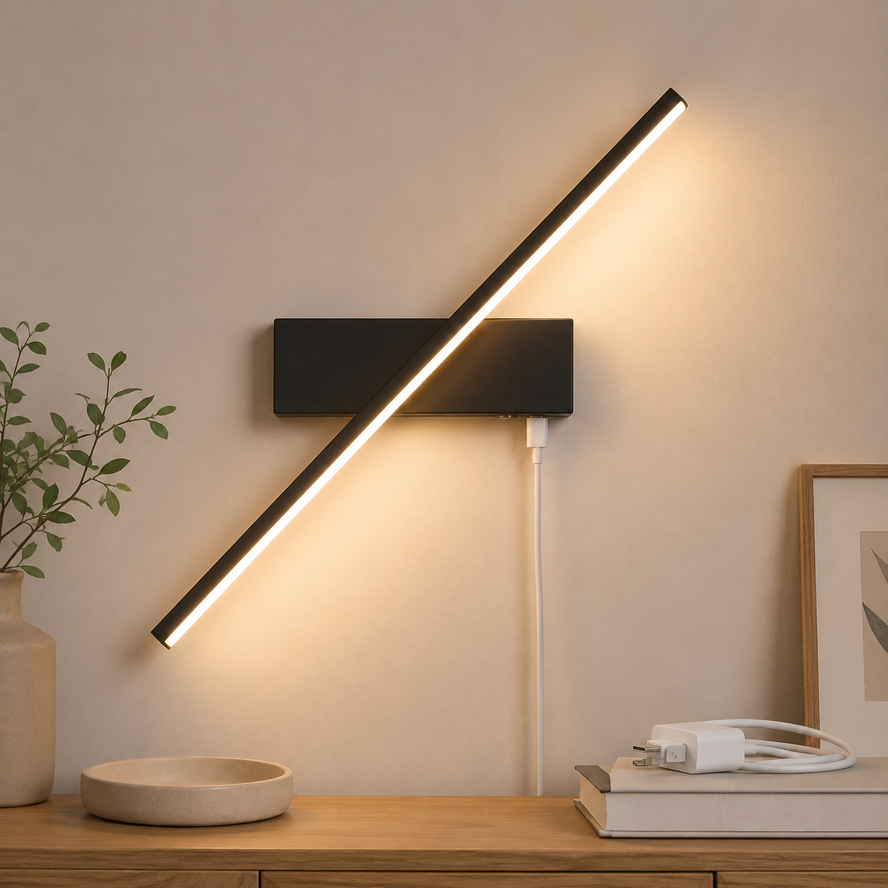 Arandela Lume linear LED preta instalada na parede, mostrando o carregamento por cabo USB-C.