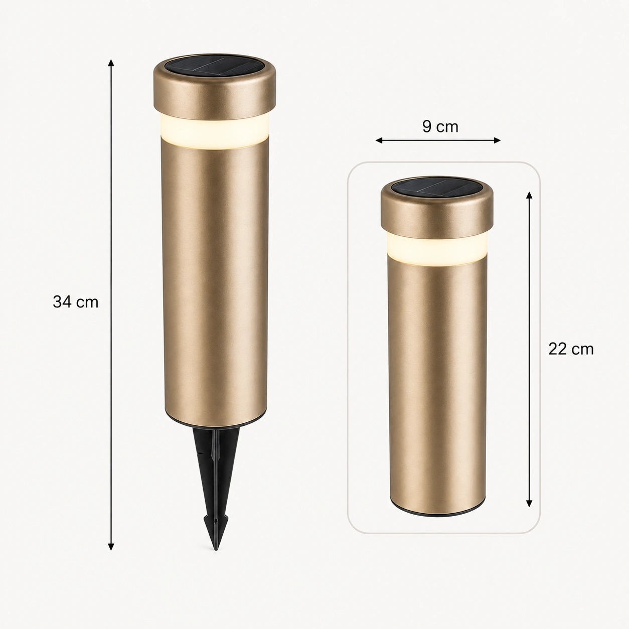 Dimensões do Balizador Solar Nalu com 34 cm de altura com espeto, 22 cm sem espeto e 9 cm de diâmetro