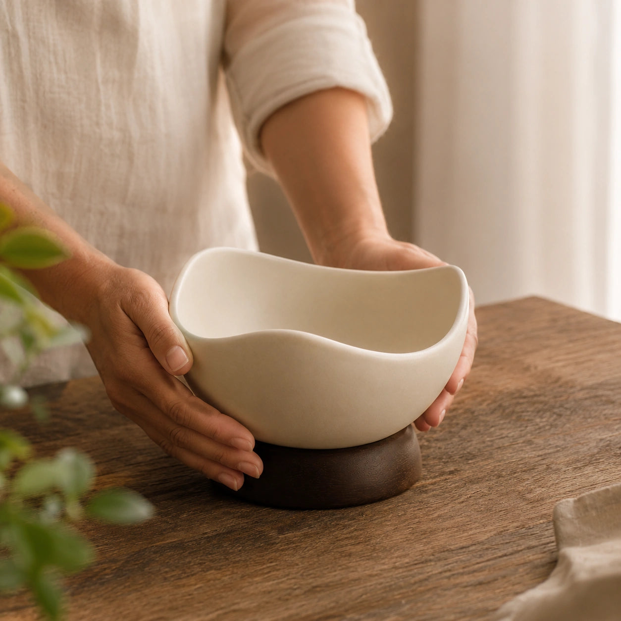 Detalhe premium da cerâmica e da madeira do Bowl Évora