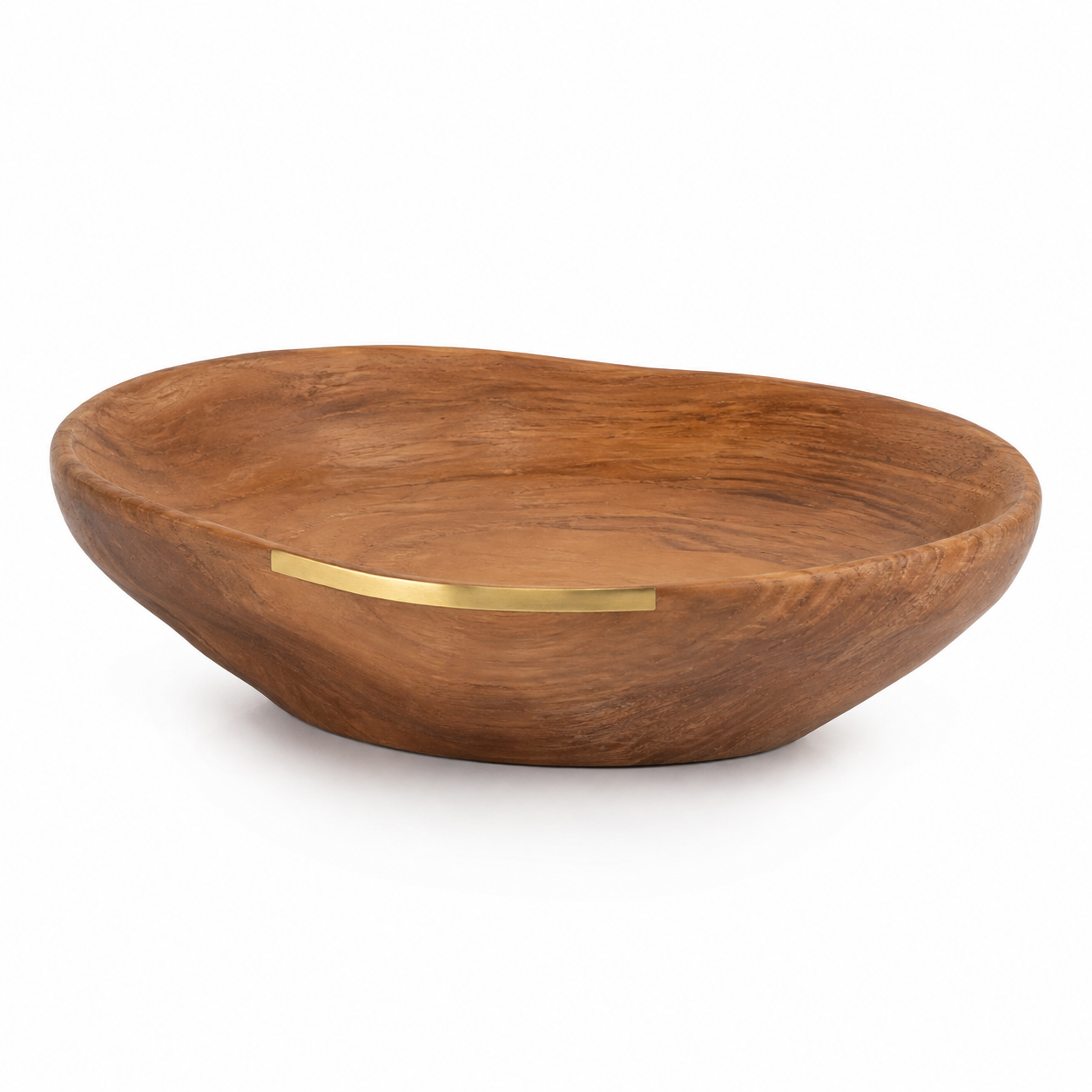 Bowl Decorativo Aruã em madeira natural com detalhe em latão escovado sobre fundo branco
