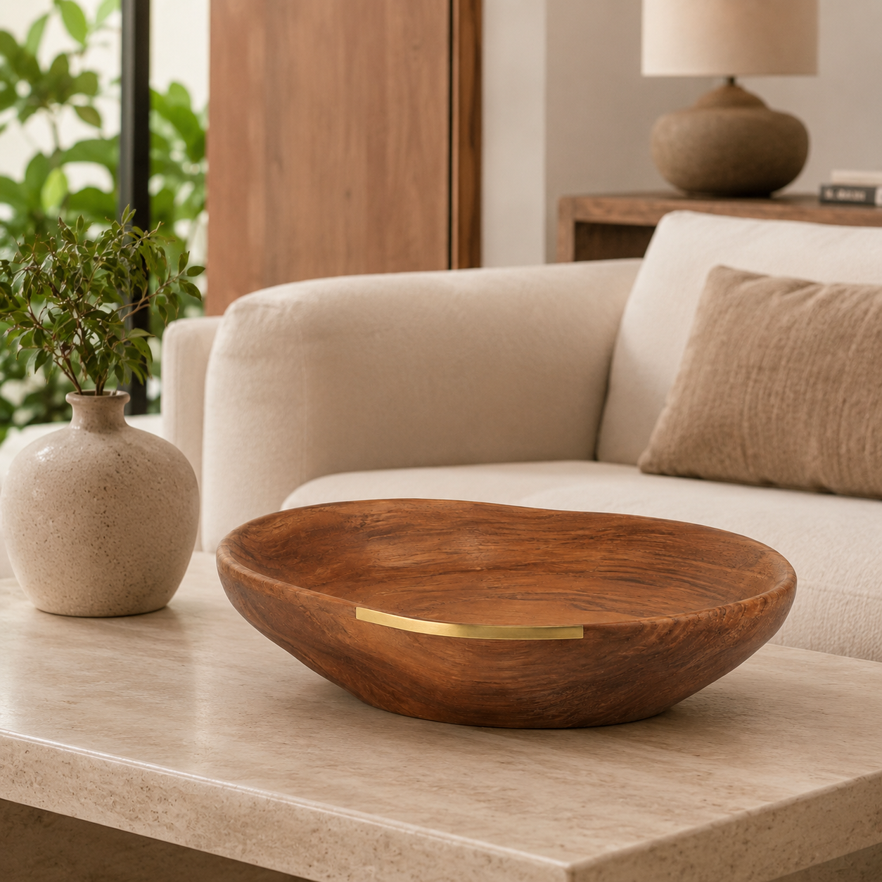 Bowl Decorativo Aruã sobre mesa de centro em sala de estar premium com tons naturais