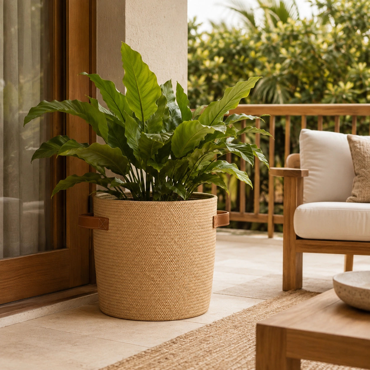Cachepot Iara com planta em varanda coberta com madeira, fibras naturais e luz do dia