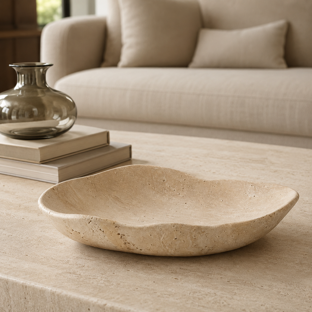 Centro de Mesa Calvi em travertino sobre mesa de centro em sala sofisticada