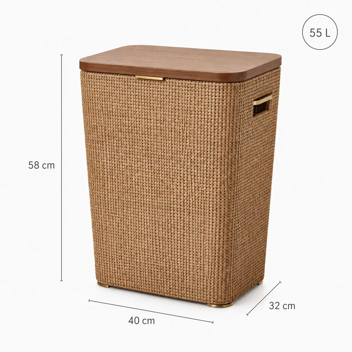 Dimensões do Cesto de Roupas Liora com 58 cm de altura, 40 cm de largura, 32 cm de profundidade e capacidade aproximada de 55 litros