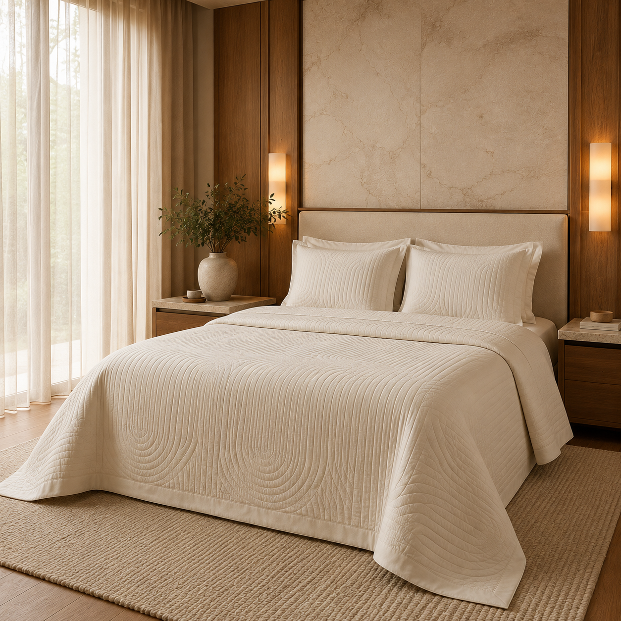 Colcha Émilie em suíte premium com luz natural e composição neutra