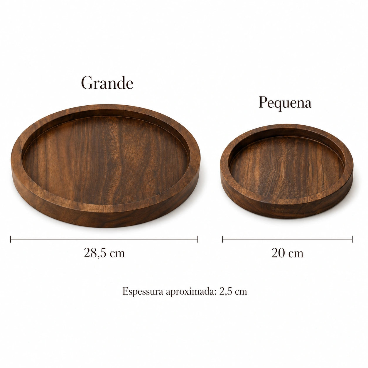 Comparação entre as bandejas Amélie grande de 28,5 cm e pequena de 20 cm