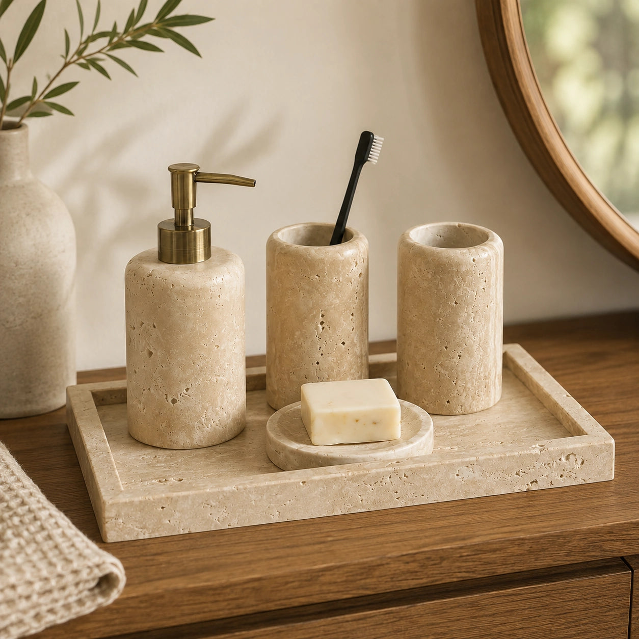 Conjunto para Banheiro Valence em travertino natural sobre móvel de madeira em ambiente elegante