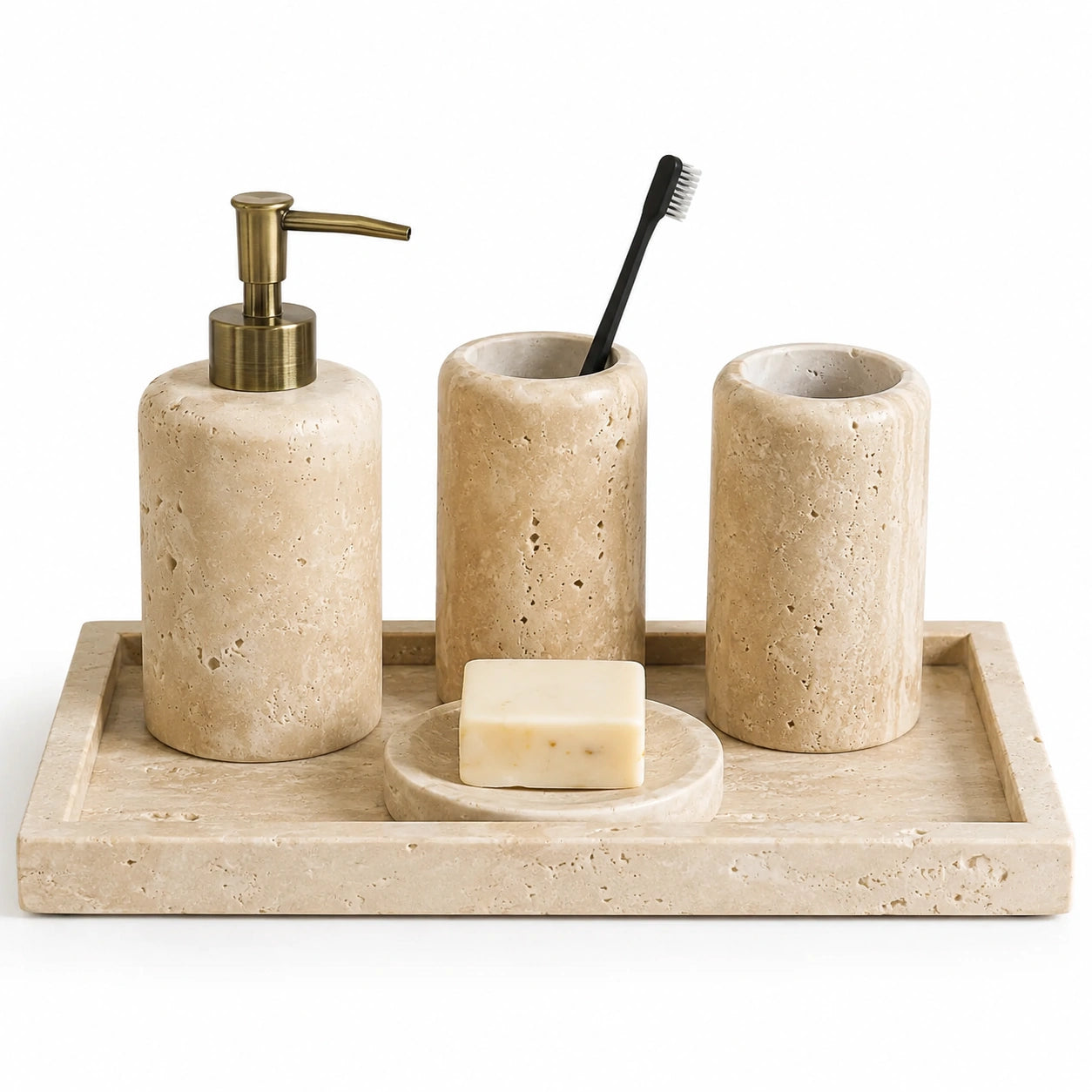 Conjunto para Banheiro Valence em travertino natural com dispenser, porta-escovas e saboneteira sobre fundo branco