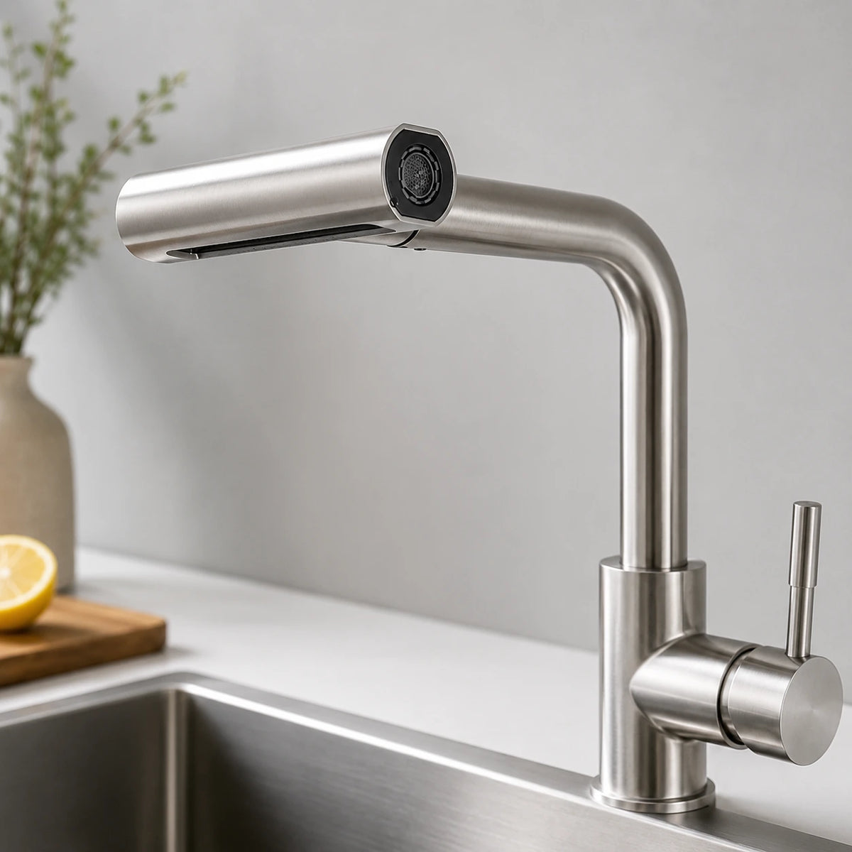 Detalhe do acabamento em inox 304 e da ducha da Torneira Rivelle