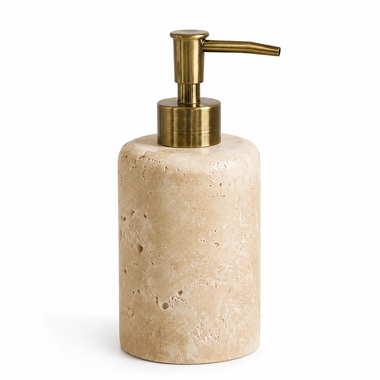 Dispenser Valence em travertino natural com válvula dourada sobre fundo branco