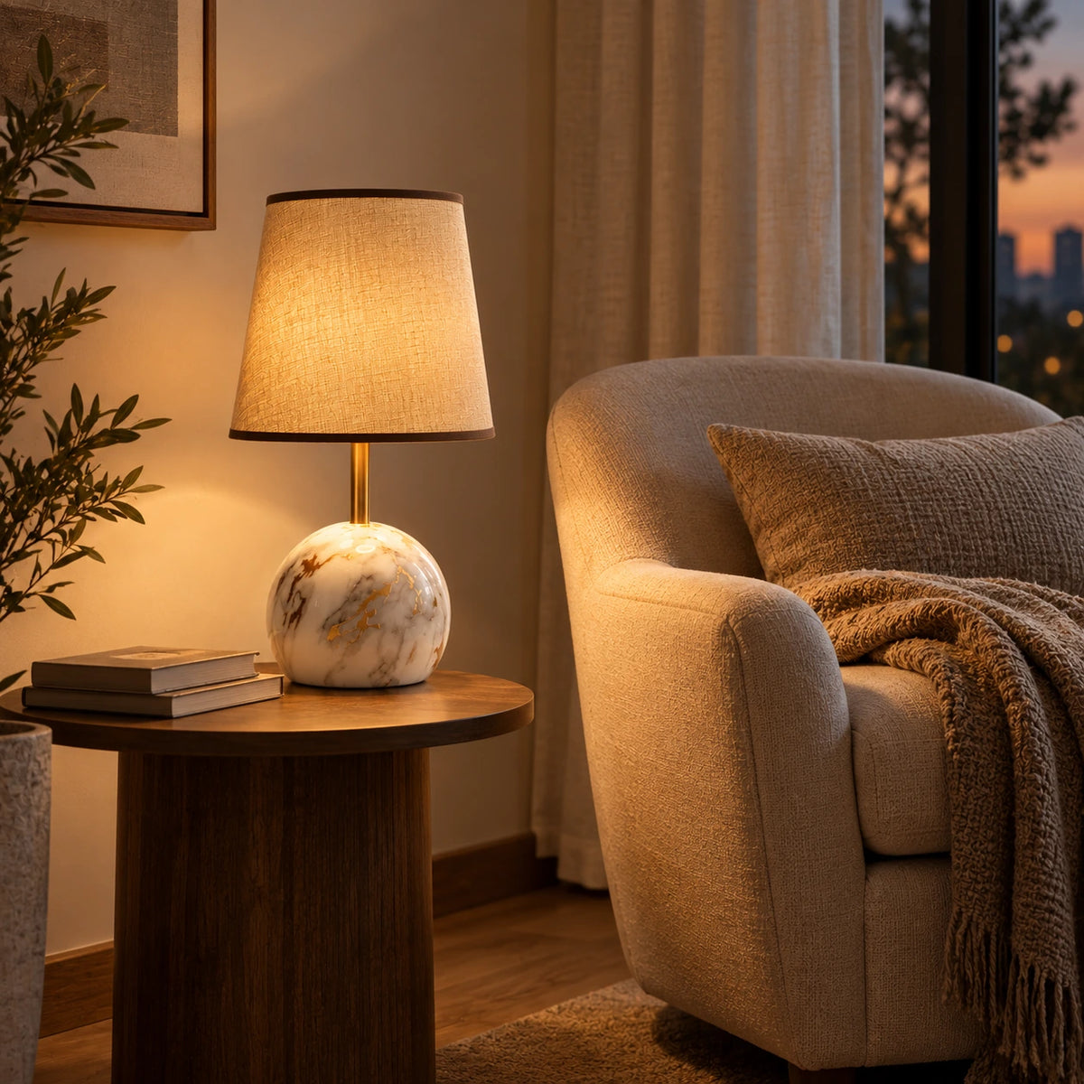 Luminária Éloise em canto de leitura com poltrona e decoração em tons neutros
