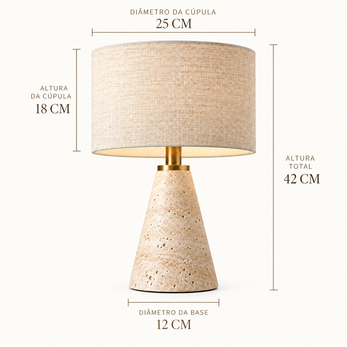 Medidas da Luminária de Mesa Eloíse em travertino com 42 cm de altura e cúpula de 25 cm