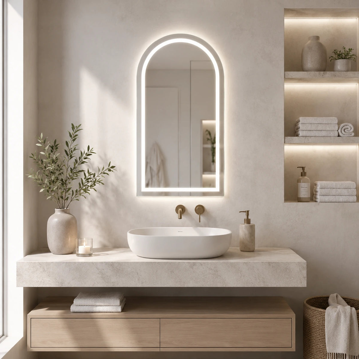 Espelho LED Évora instalado em lavabo moderno com decoração clara