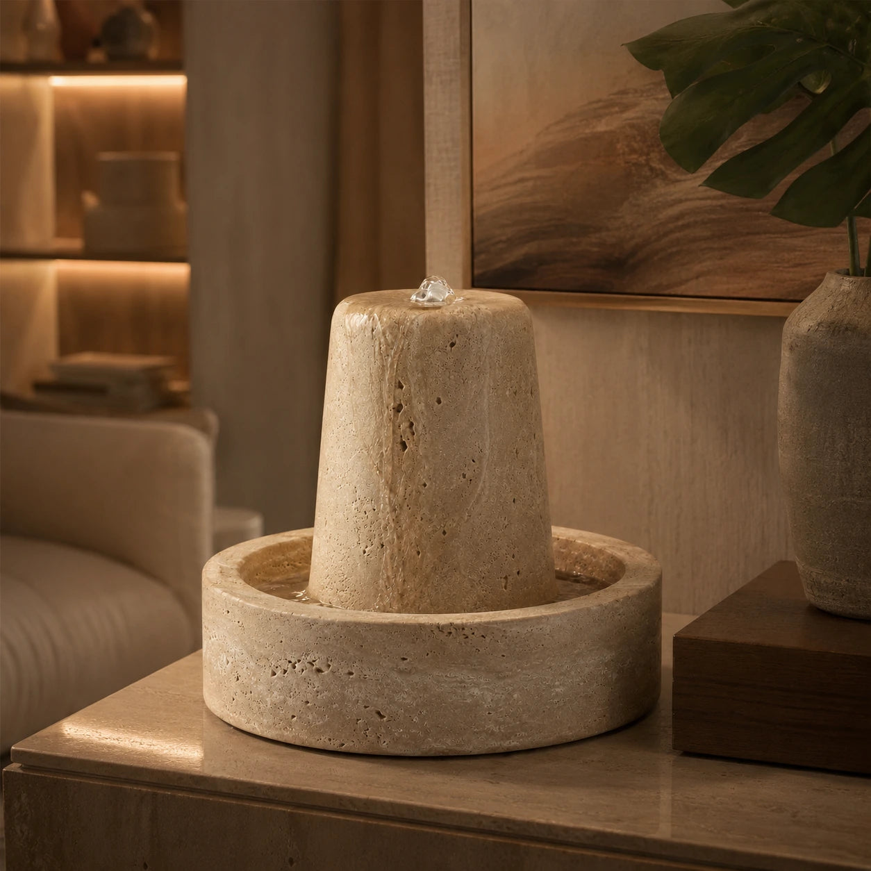 Fonte Decorativa Amana em ambiente acolhedor ao anoitecer com iluminação quente e decoração premium