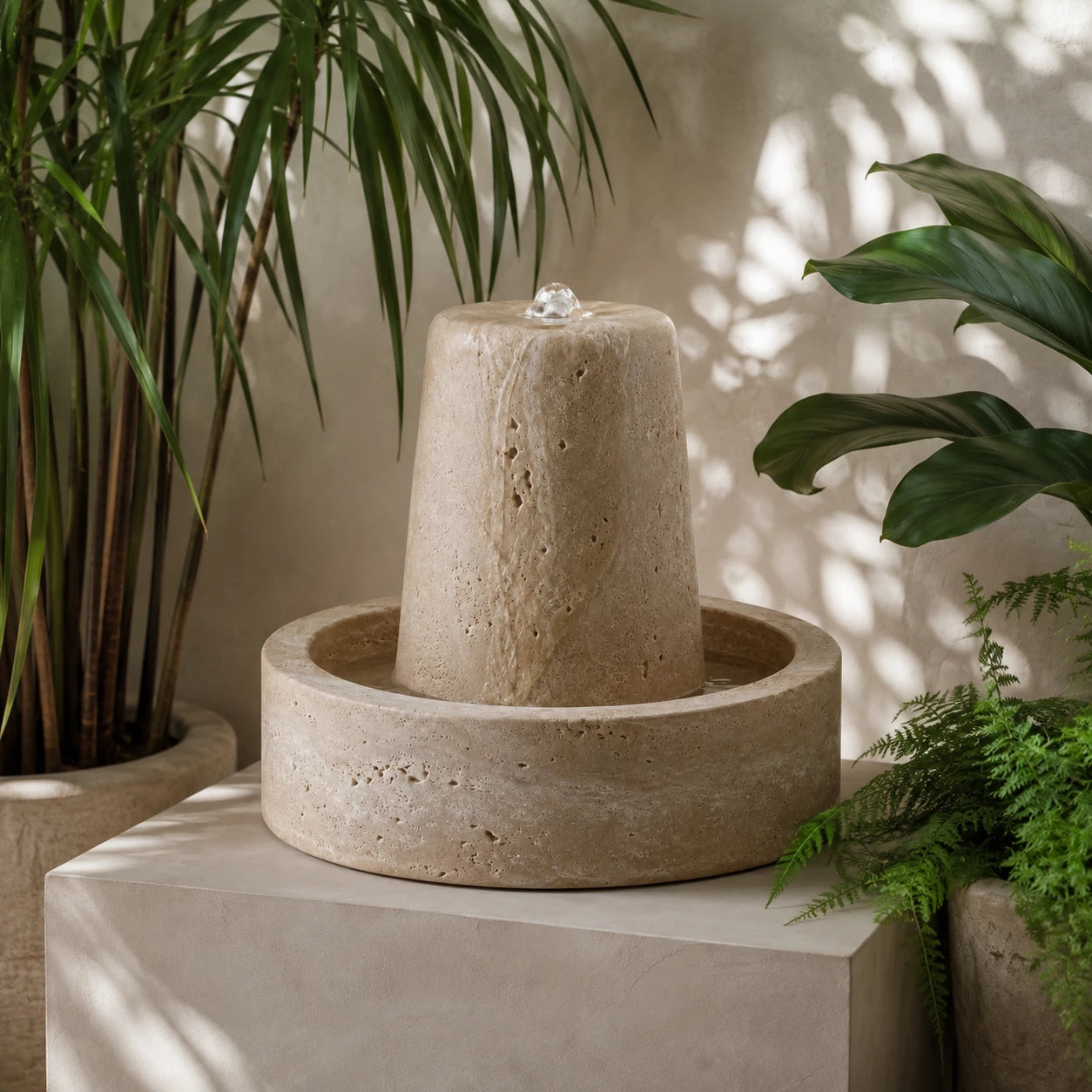 Fonte Decorativa Amana em jardim interno com plantas tropicais e luz natural suave