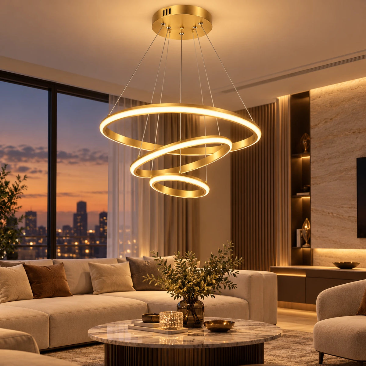 Lustre pendente dourado LED em sala de estar moderna e sofisticada