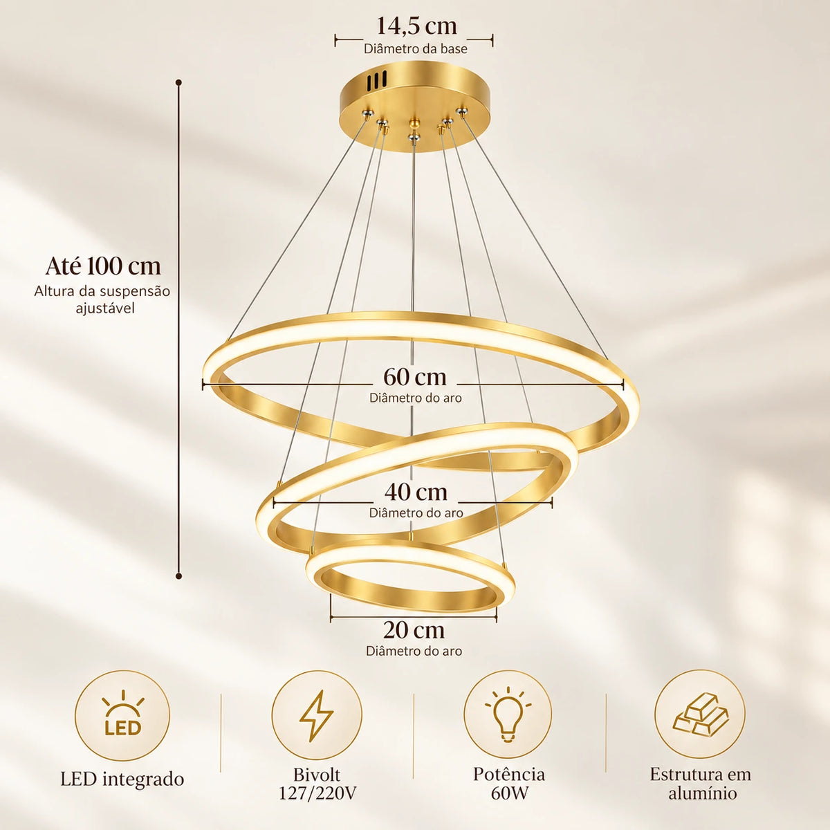 Lustre dourado LED com aros de 60 cm, 40 cm e 20 cm e suspensão ajustável