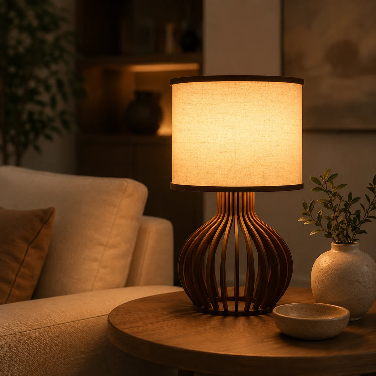 Luminária Amélie acesa com luz quente atravessando suavemente a cúpula de tecido
