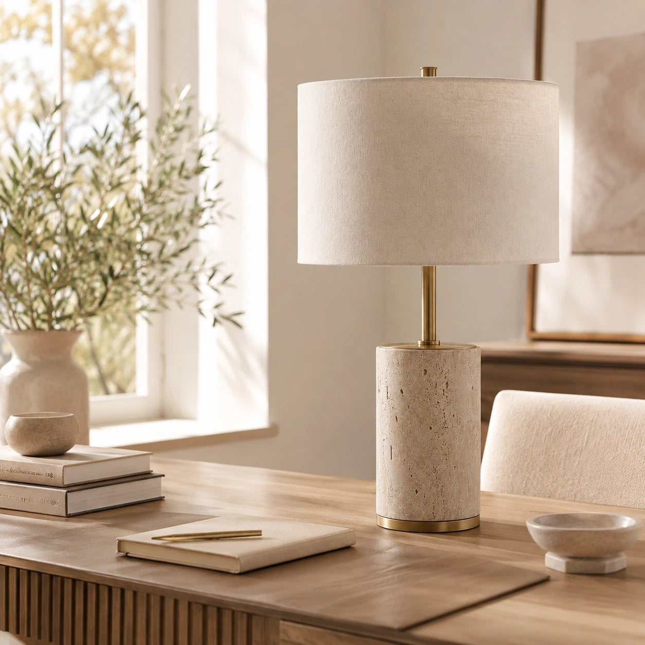 Luminária Élin sobre mesa de home office com decoração neutra e elegante