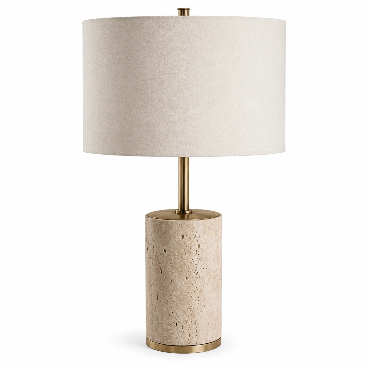 Luminária de mesa Élin com base em travertino e cúpula de linho sobre fundo branco