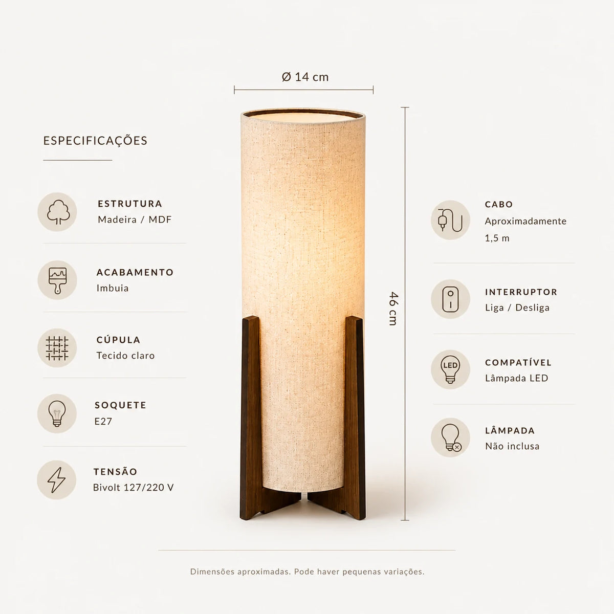 Ficha técnica da Luminária Maelle com estrutura em madeira, soquete E27 e medidas