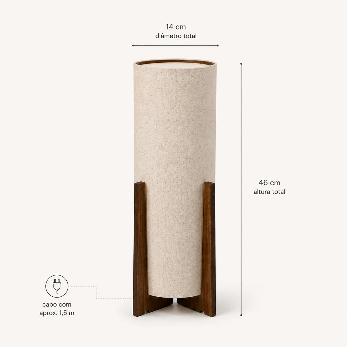 Medidas da Luminária de Mesa Maelle com 46 cm de altura e 14 cm de diâmetro