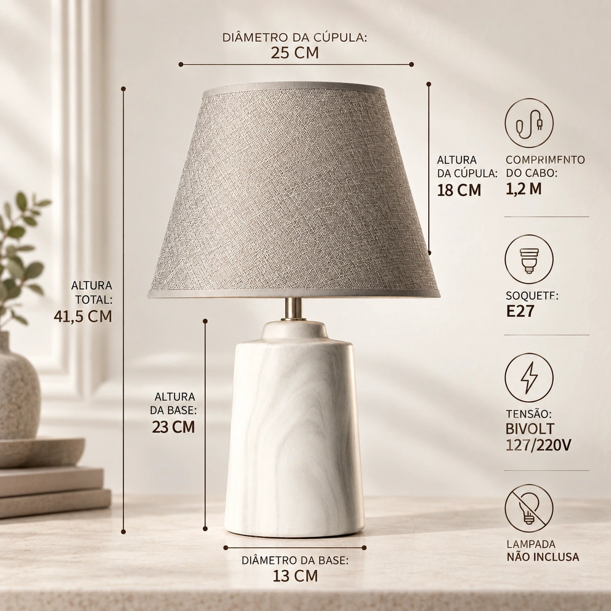 Medidas e especificações da luminária de mesa mineral com 41,5 cm de altura