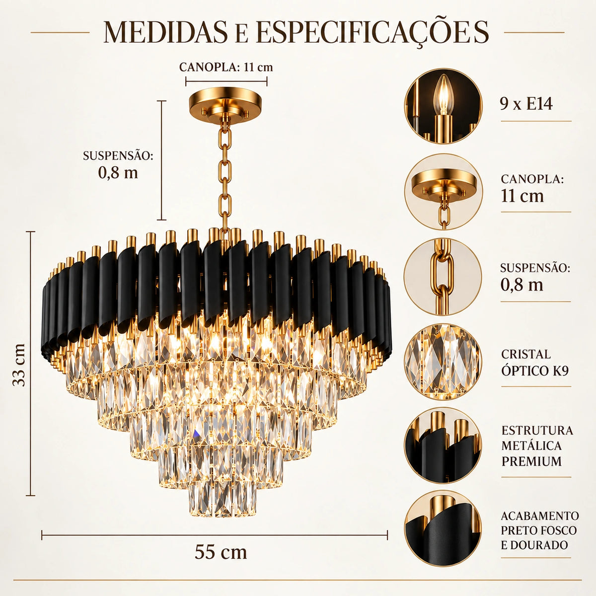 Medidas e especificações do lustre premium de cristal K9 com 55 cm de diâmetro e suspensão ajustável