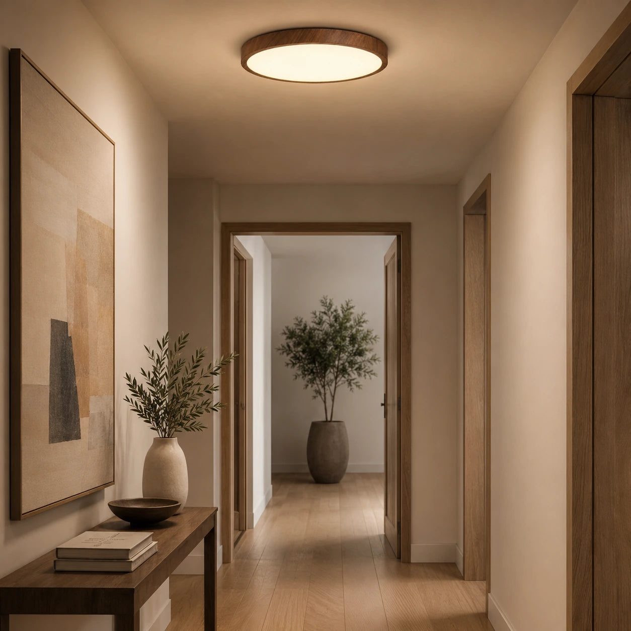 Plafon LED Liora iluminando hall e corredor com decoração contemporânea