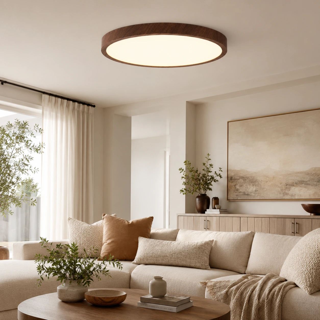 Plafon LED Liora instalado em sala de estar moderna e acolhedora