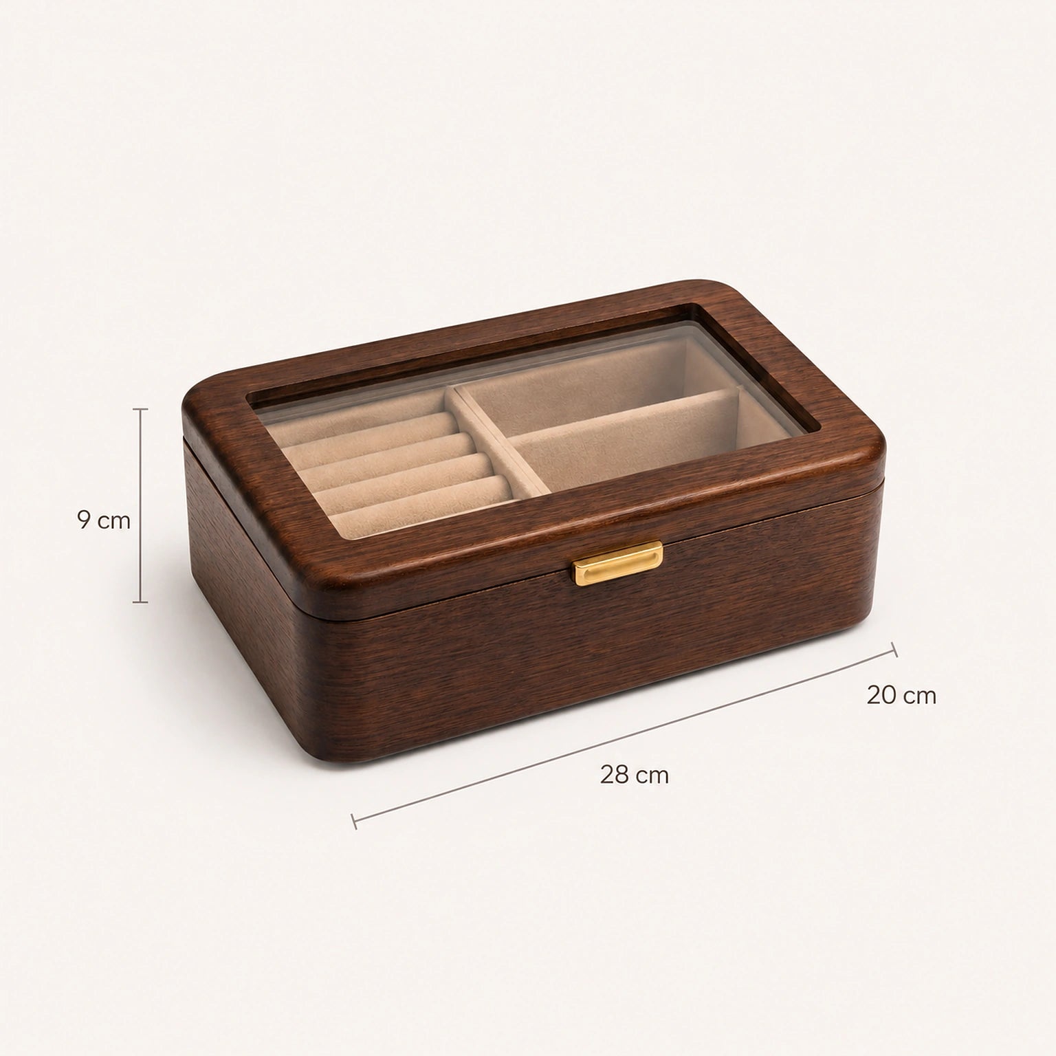 Dimensões do Porta-Joias Aurine com 28 cm de largura, 20 cm de profundidade e 9 cm de altura