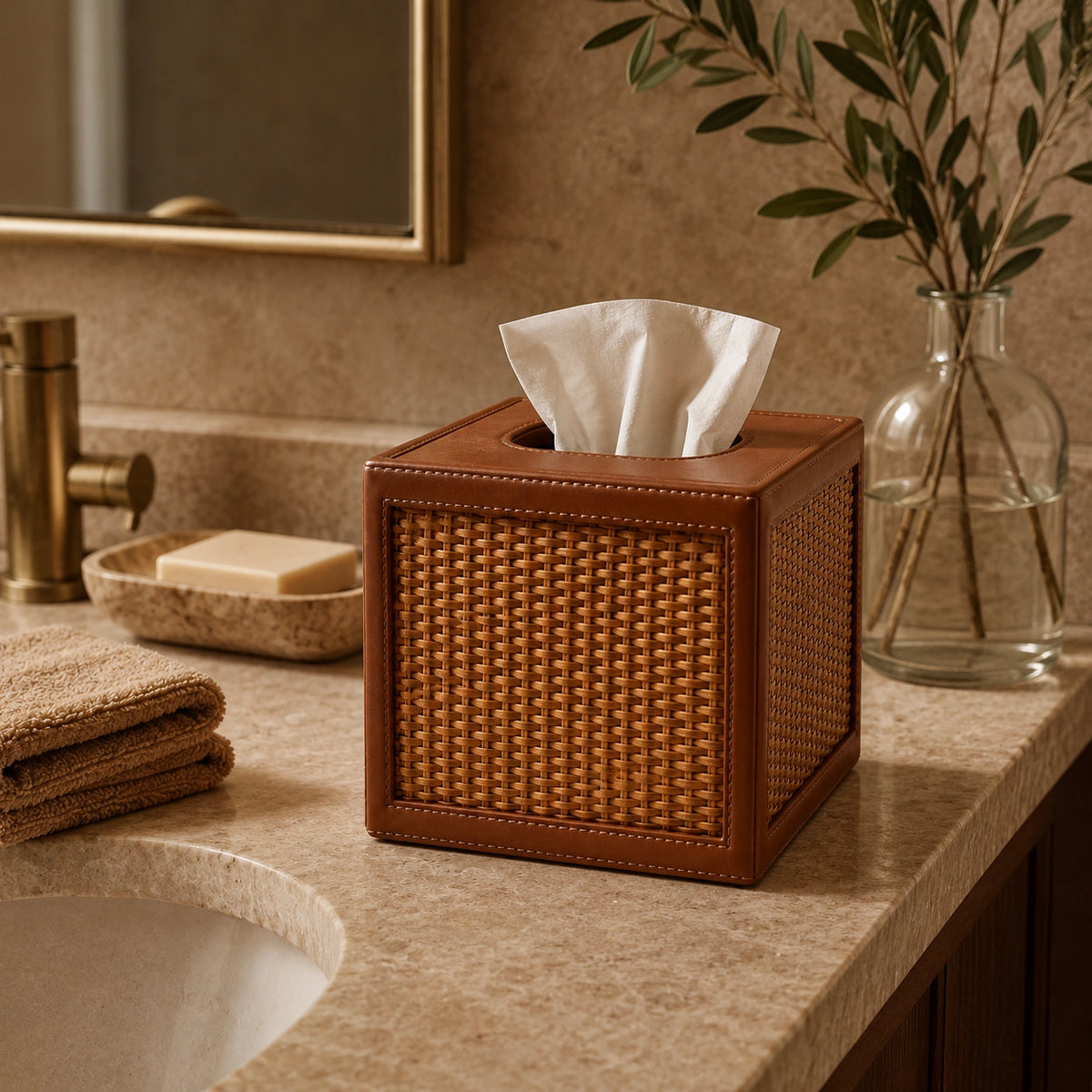 Porta-Lenços Marceau sobre bancada de lavabo com decoração sofisticada