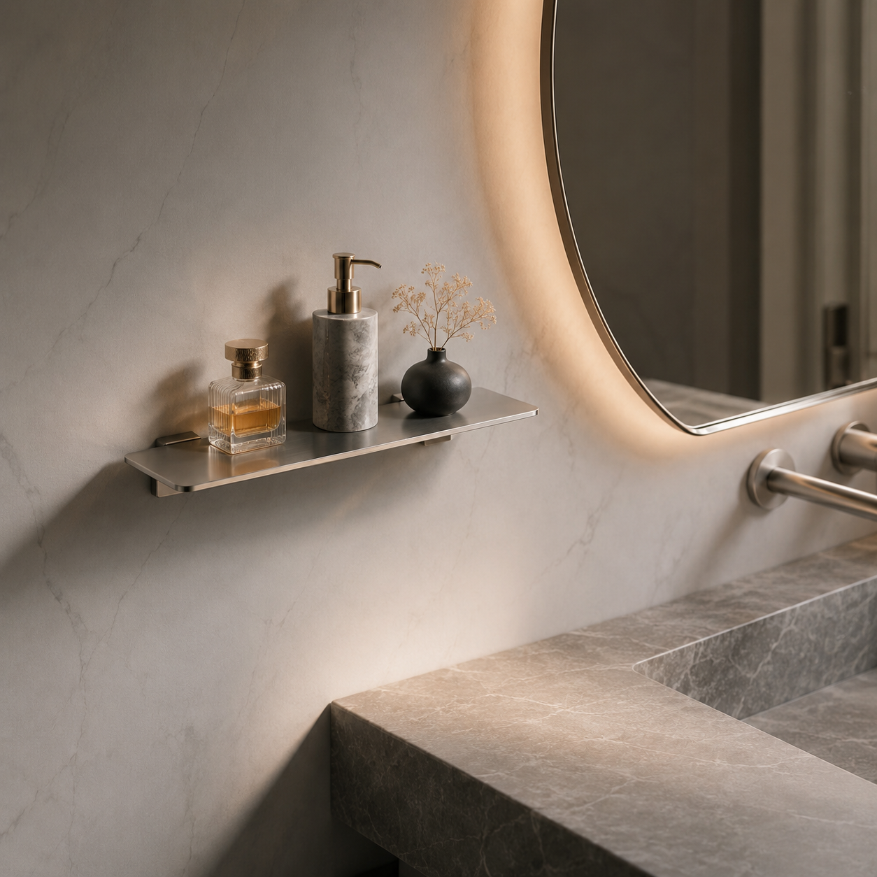 Prateleira Aris com perfumes e cosméticos em banheiro elegante com iluminação quente