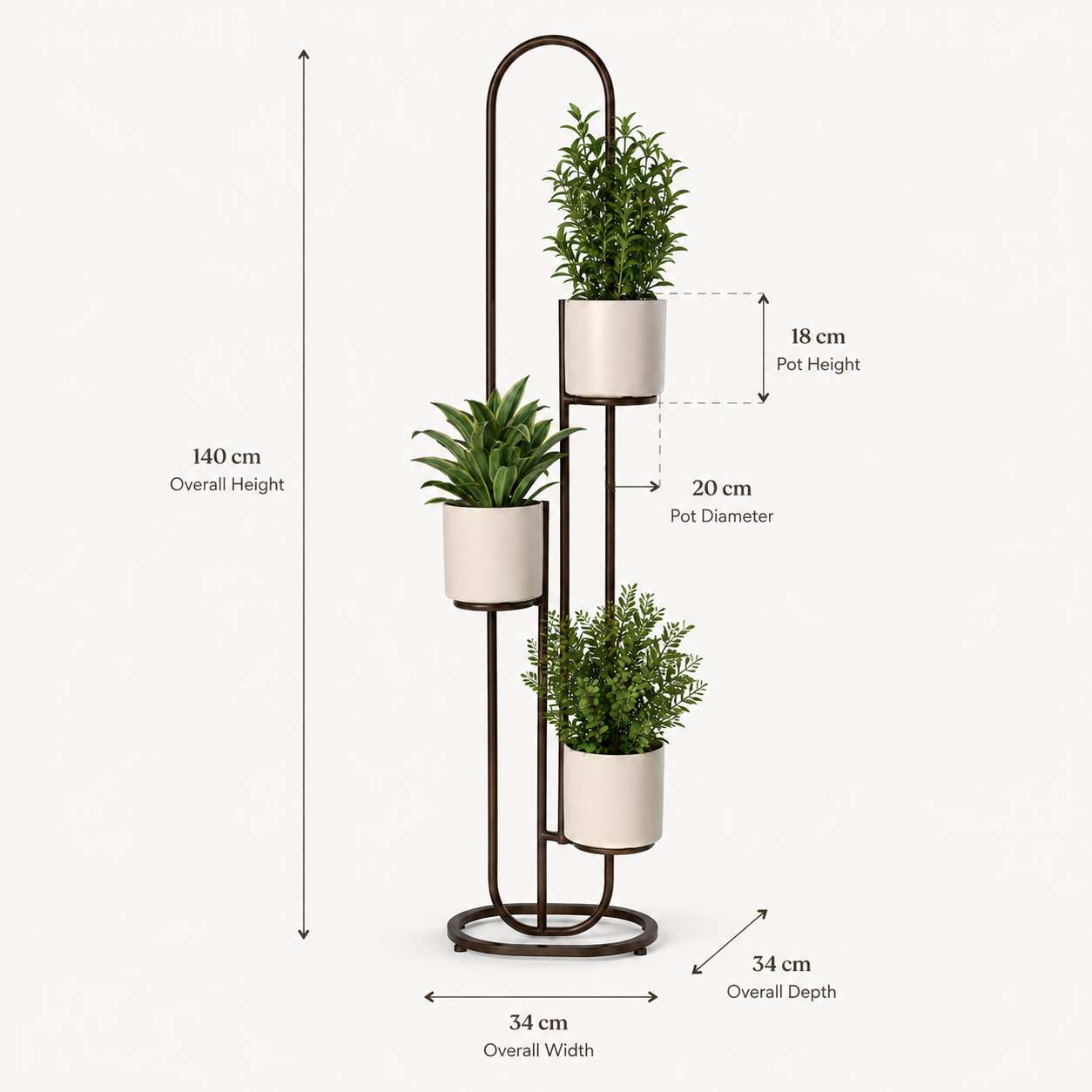 Medidas do suporte vertical para plantas com dimensões da estrutura e dos vasos