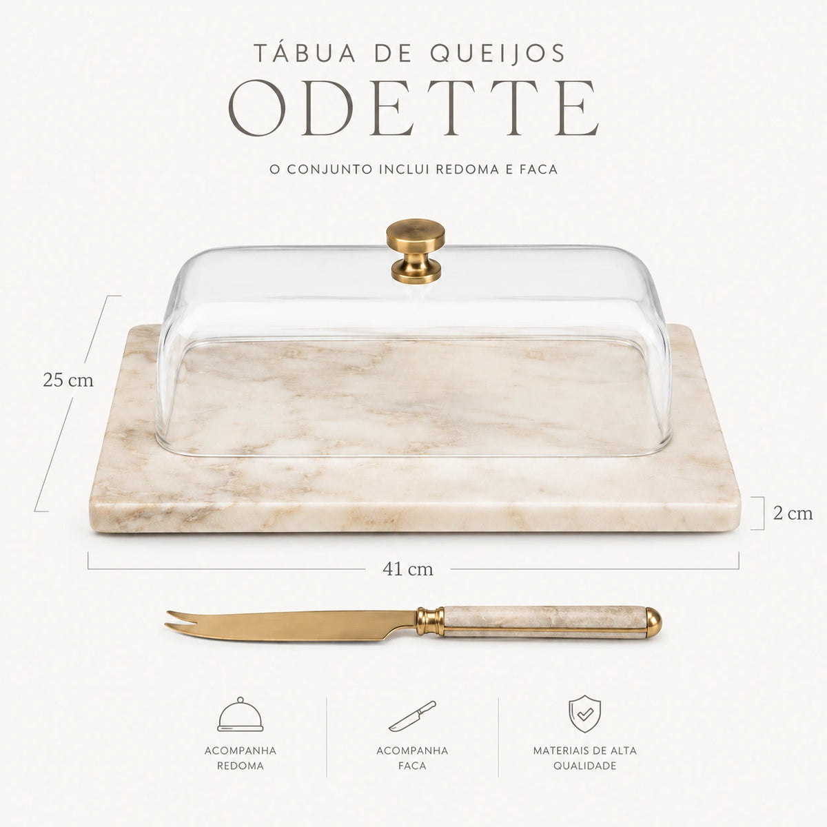 Medidas da Tábua de Queijos Odette com aproximadamente 41 cm por 25 cm e 2 cm de espessura