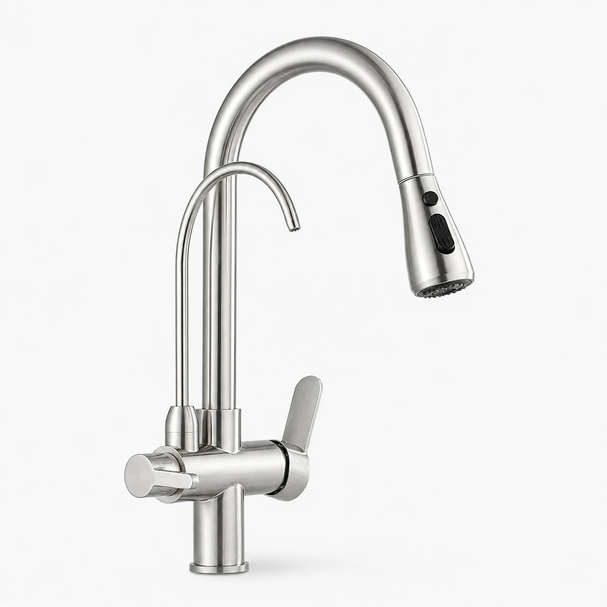 Torneira Gourmet Élora 2 em 1 com filtro e ducha extensível em aço escovado sobre fundo branco