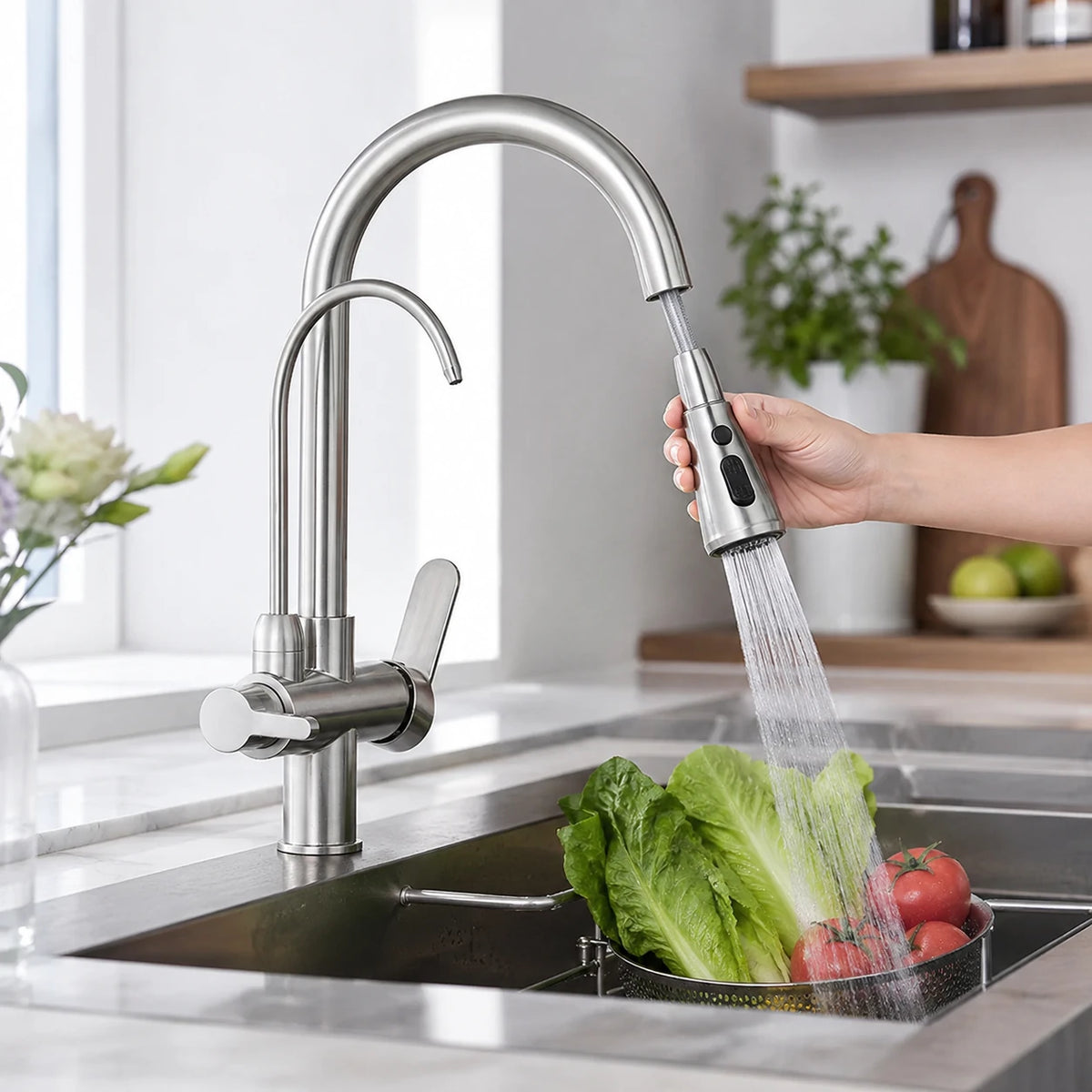 Pessoa usando a ducha extensível da Torneira Élora para lavar verduras e tomates na cuba