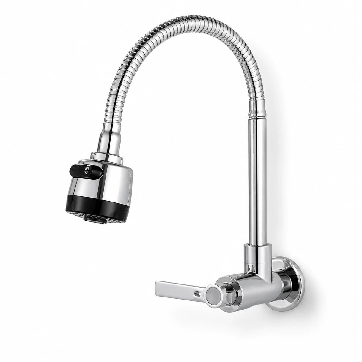 Torneira gourmet de parede cromada com bica flexível e ducha para cozinha