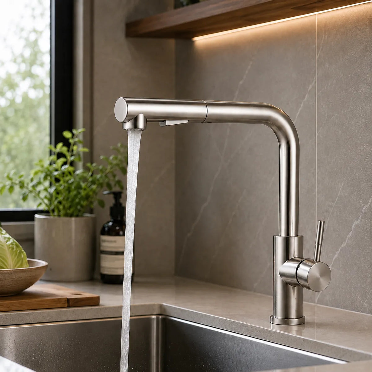 Torneira Gourmet Savelle com ducha Pull-Out em funcionamento