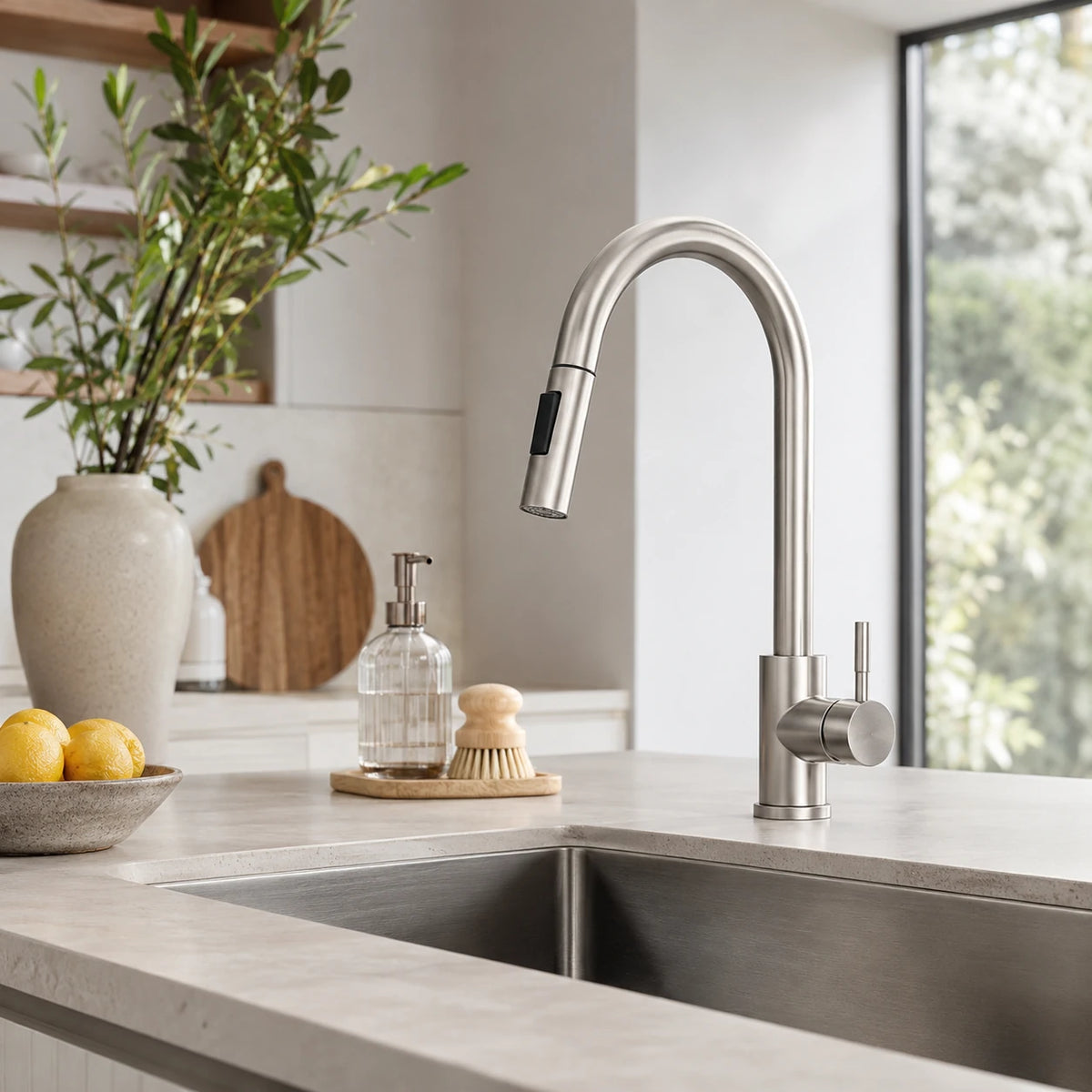 Torneira Gourmet Sienne em aço escovado instalada em cozinha moderna com cuba de inox