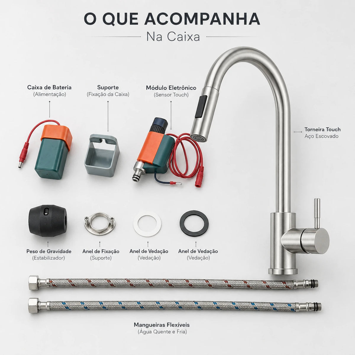 Torneira Sienne Touch com caixa de bateria sensor peso de gravidade vedação e mangueiras inclusas