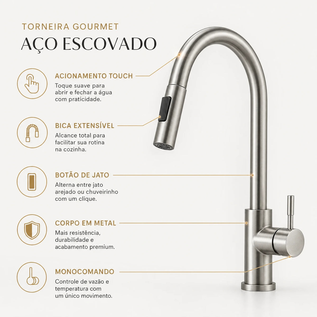 Recursos da Torneira Sienne Touch em aço escovado com bica extensível monocomando e botão de jato