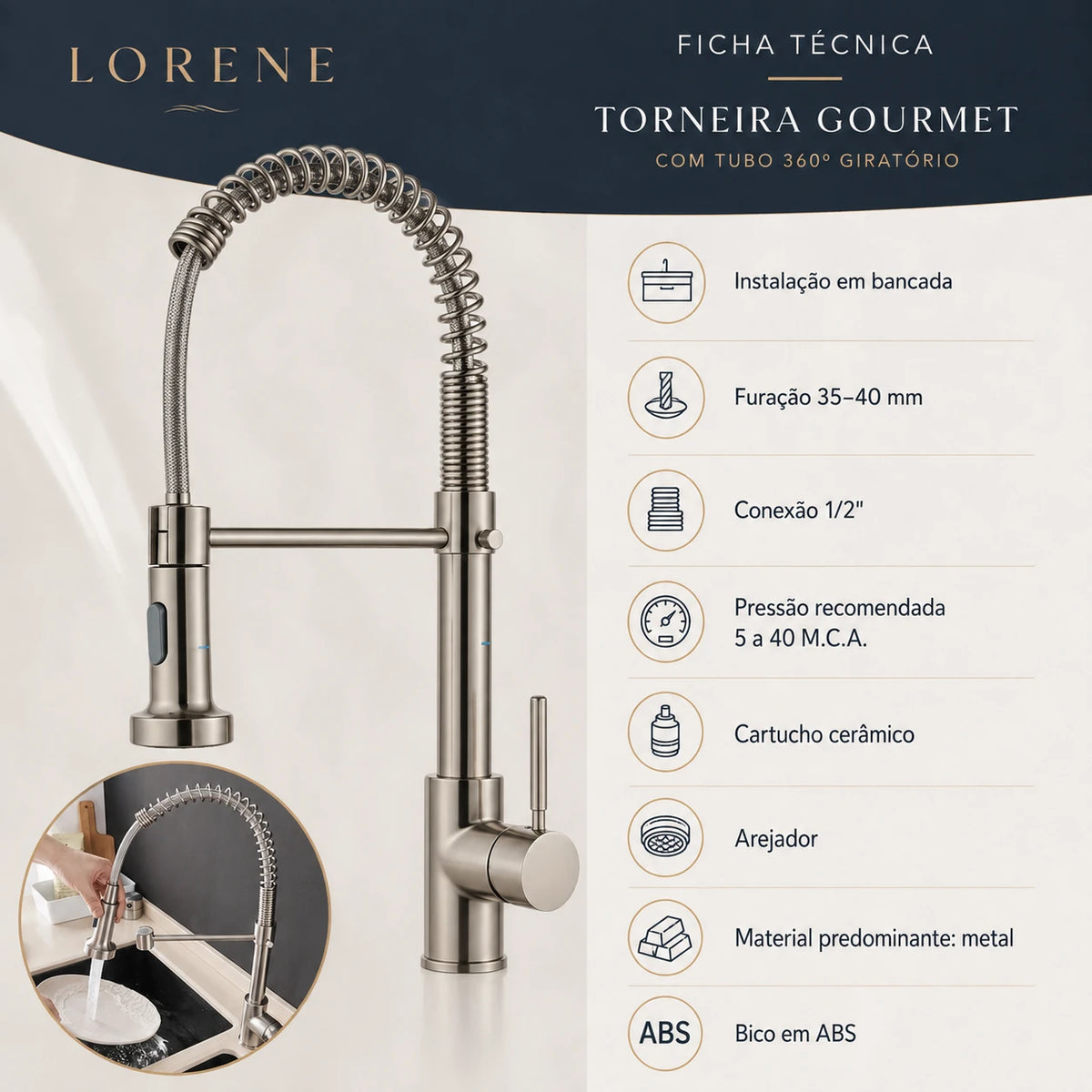 Ficha técnica da Torneira Gourmet Vienne com medidas de instalação pressão conexão e materiais