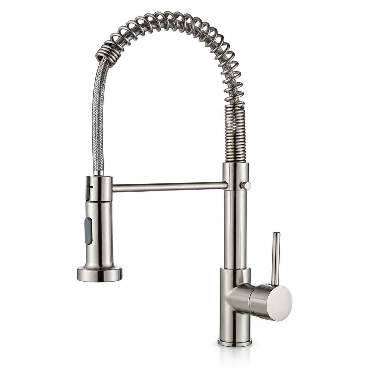 Torneira Gourmet Vienne em aço escovado com ducha móvel e mola espiral sobre fundo branco