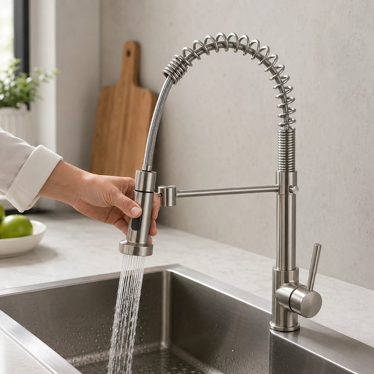Pessoa utilizando a ducha móvel da Torneira Vienne para limpar a cuba da cozinha