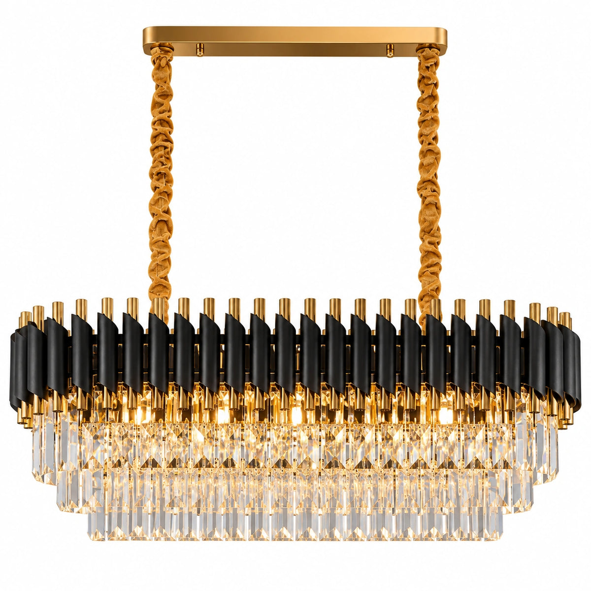 Lustre pendente linear premium em cristal óptico K9 com estrutura preta e acabamento dourado sobre fundo branco