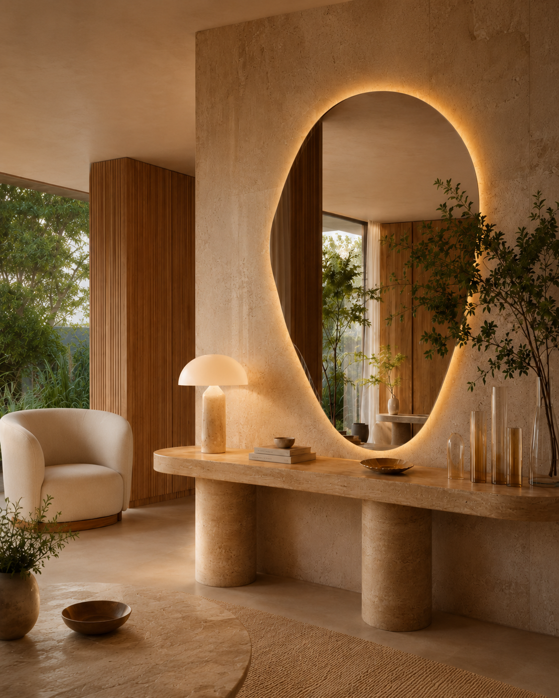 Espelho orgânico iluminado em ambiente brasileiro elegante com acabamento em pedra natural