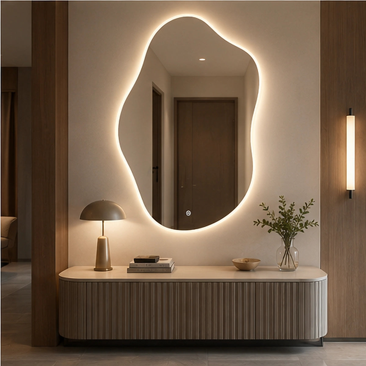 Espelho Orgânico Nara iluminado em hall com decoração contemporânea